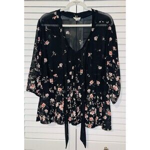 Siren Lily Shirt Sheer Balck Floral Tie At Vneck 1/2 Sleeve Women’s 2X